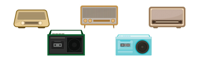 Retro Vintage Radio with Tuner as Old-fashioned Media Device Vector Set