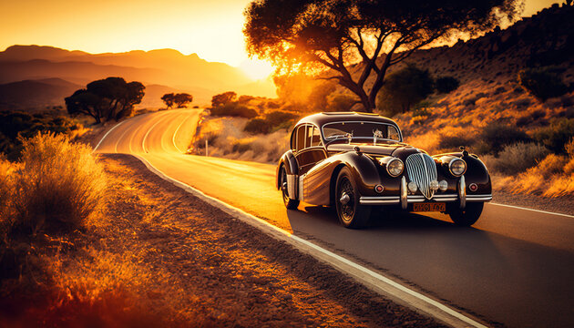 A Vintage Car Driving Down A Long, Sunset, Winding Road, Generated IA