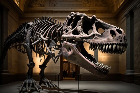 Illustration of a dinosaur skeleton in a museum  - Created with generative ai