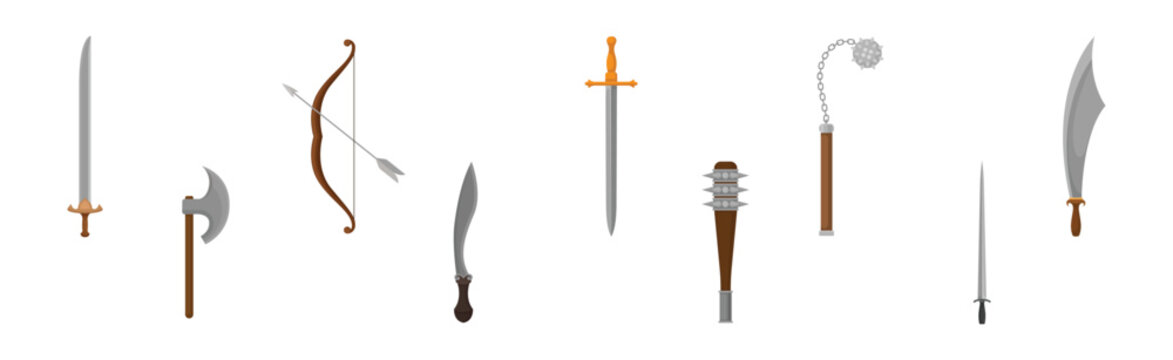 Ancient Weapon with Sword, Ball-and-chain Flail, Saber, and Bow with Arrow Vector Set