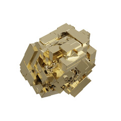 A 3D rendered image shows a shiny metal surface with a rough texture similar to the pyrite mineral. The surface appears to be part of a larger rock structure with jagged edges and irregular shapes.