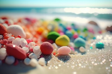 Fototapeta na wymiar Transparent Luminous Creatures and Pebbles Adorn a White Beach Shore