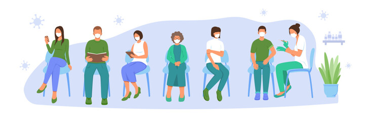 Queue of people for vaccination. Nurse with syringe with vaccine makes injections to patients in clinic. Characters sitting in line in medical masks. Vector illustration