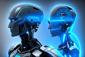 Neon Blue Female Cyborg Robot As Artificial Intelligence Concept With - Illustration. Generative AI