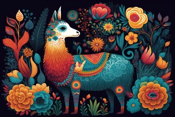 Fototapeta premium Illustration in bright colors, featuring a llama, flowers, a bird, and ethnic motifs. Generative AI