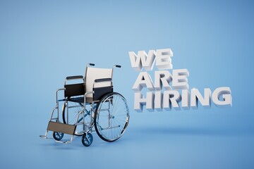 Fototapeta na wymiar vacancy for people with disabilities. wheelchair and inscription we are waiting for you on a blue background. 3D render
