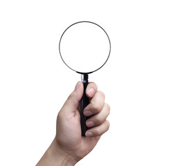 hand holding a magnifying glass on a transparent background PNG