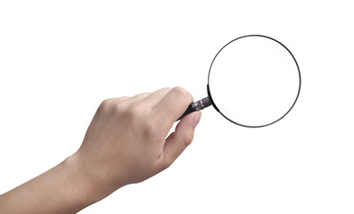 hand holding a magnifying glass on a transparent background PNG