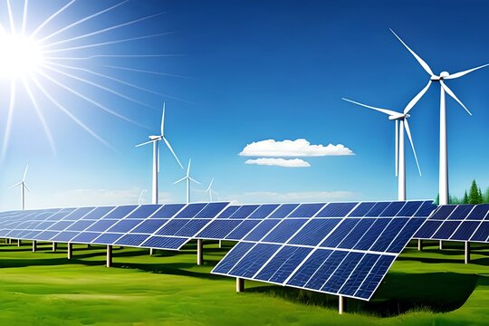 Renewable Energy Background With Green Energy As Wind Turbines And Solar Panels. Generative AI