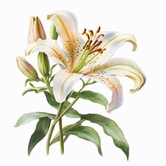 Lily flower isolated on white background. Watercolor illustration of a beautiful white lily. Generative AI art.