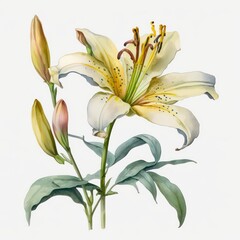 Fototapeta na wymiar Lily flower isolated on white background. Watercolor illustration of a beautiful yellow lily. Generative AI art.