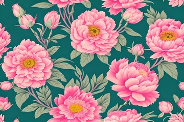 Soft Pastel Floral Pattern With Peonies In Pink And Green With A Vintage Oriental Feel. Generative AI