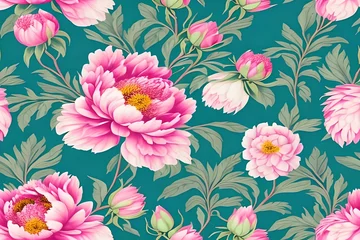 Selbstklebende Fototapeten Soft Pastel Floral Pattern With Peonies In Pink And Green With A Vintage Oriental Feel. Generative AI © Pixel Matrix