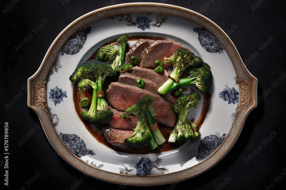 Wall mural A photograph of meat and broccoli served on a Chinese platter. Generative AI