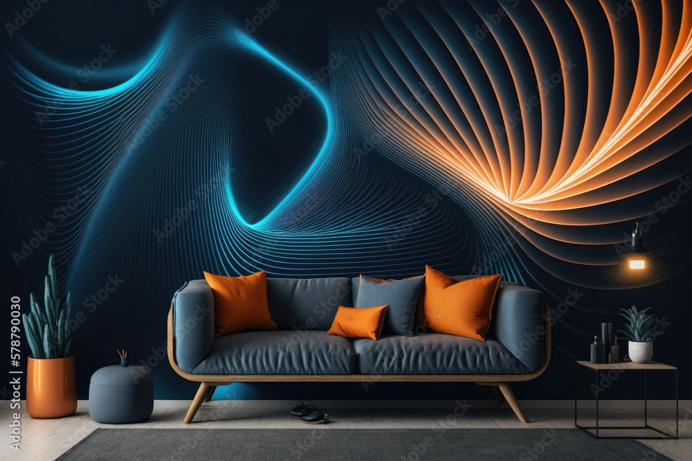 Poster a blue orange neon light abstract geometric backdrop. Radiant undulating line. Adorn your walls with this minimally decorated mural from the future. Generative AI