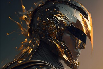 Futuristic soldier close up, wearing protective armor mask with metallic gold shreds. Generative AI