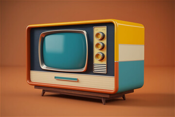 Retro vintage 1970s pop culture television concept, old retro analog TV set on an orange background. Generative AI