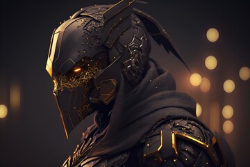 Futuristic soldier close up, wearing protective armor mask with metallic gold shreds. Generative AI