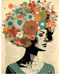 Paper collage of retro image of woman head with flowers, retro palette style, vintage collage. Generative AI