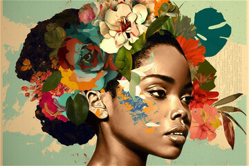 Paper collage of retro image of black woman head with flowers, Caribbean style. Generative AI