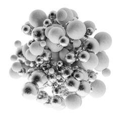 a black and white photo of a bunch of balls, an ambient occlusion render,  generative art, white fungal spores everywhere, iridescent soapy bubbles, future architecture