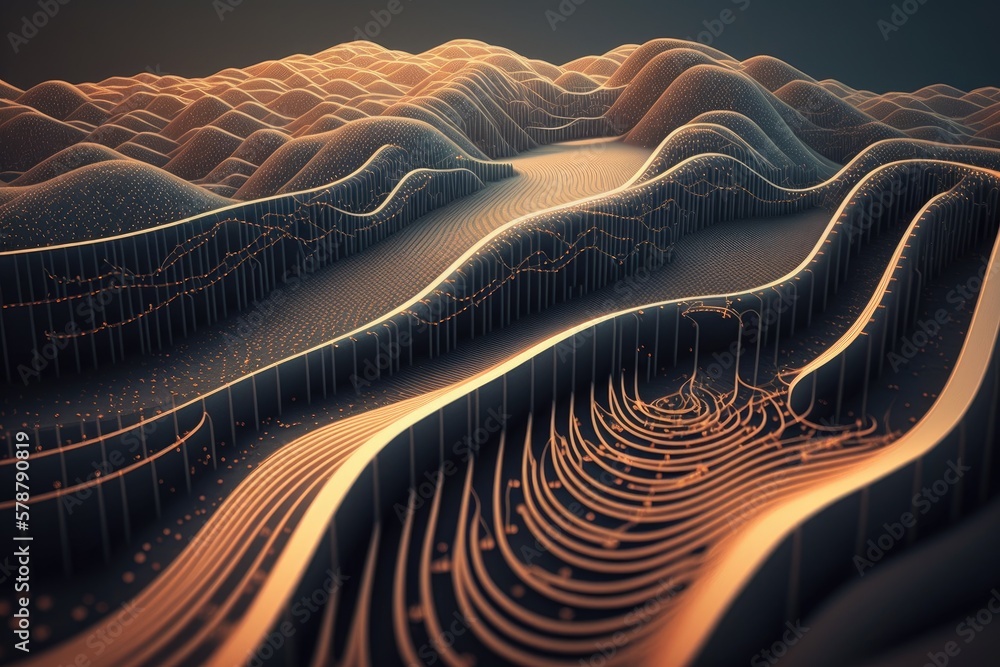 Poster undulating ground; the lines have a digital code. a large data, digital framework. loop of encoded d