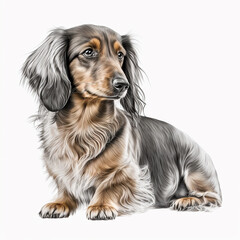 Cute nice dog breed long-haired dachshund isolated on white close-up, beautiful pet, fluffy dog, ai generative