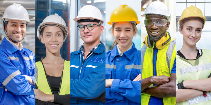 international multicultural workers engineering standing with confidence. Engineer Women and men in each sector of industry. Asian. European. African. American. Diversity of people of the industry.