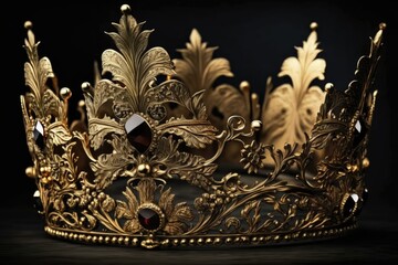 Crown of gold fit for a king, set against a black background and laden with imperial wealth. Generative AI