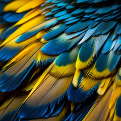 Obraz premium Texture of bright yellow-blue bird feathers, close-up macro, beautiful natural background