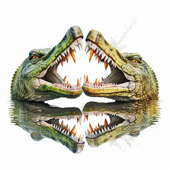 Obraz premium Two terrible toothy crocodiles growl at each other with their mouths open, duel battle of two crocodiles, on a white background, close-up