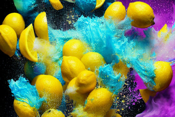 Flying lemon slices, fine textures, water splashes, yellow and purple neon, ink, loose paint style, Generative AI