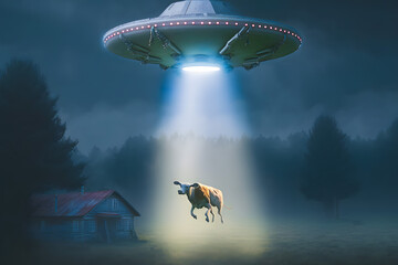 View rural landscape with cows and UFO. The concept of nightly abduction of living beings by aliens of other civilizations. Generative AI