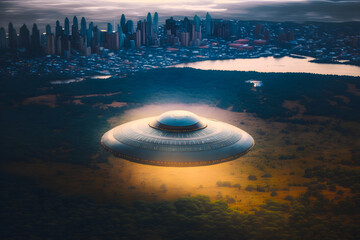 Ufo unidentified flying object of extraterrestrial origin technology flies over the city metropolis and forest. Generative AI