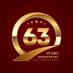 63th Anniversary logo design with shiny gold ring style. Logo Vector Template