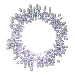 An artful depiction of a green platform with a spherical, purple object set against a backdrop of abstract, concrete shapes and metal elements. Balls abstract. 3d render