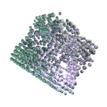 A large group of green metal fixtures surrounds a purple ball on a concrete surface, creating a futuristic and industrial vibe. Balls abstract. 3d render