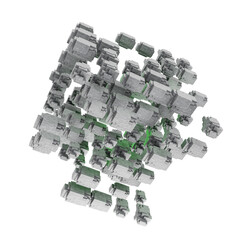 A strikingly beautiful, 3D abstract building that features a lush green color palette and intriguing, abstract design elements.