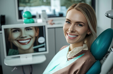 Generative AI illustration of Teeth whitening, happy patient in dental clinic sitting in dental chair