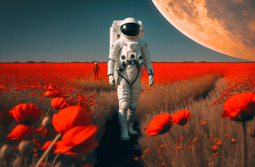 Obraz na płótnie Canvas Generative AI illustration of astronaut in the field with red flowers