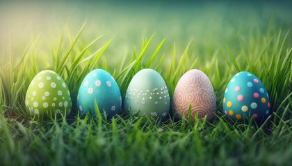 Colorful Easter eggs in a grass, Easter concept. Generative AI.
