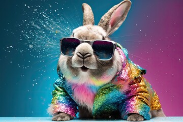 portrait of happyvbunny rabbit celebrating easter festival with splash glittering rainbow papers background.generative ai. - obrazy, fototapety, plakaty