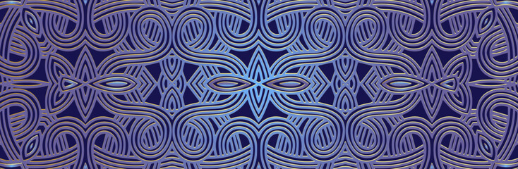 Banner, original cover design. Embossed geometric 3d pattern on a blue background. Boho, handmade creative themes, ethnic traditions, motives of the East, Asia, India, Mexico, Aztecs, Peru.