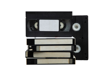 Pile of VHS video cassettes. Vintage media. Isolate on a white back. - obrazy, fototapety, plakaty