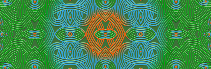 Banner, cover design unique. Embossed geometric 3d pattern on a green background. Boho, handmade creative themes, ethnic traditions, motives of the East, Asia, India, Mexico, Aztecs, Peru.