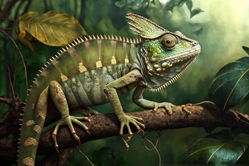 Fototapeta premium CHAMELEON OF JACKSON male chamaeleo jacksoni grasshopper catcher. Generative AI