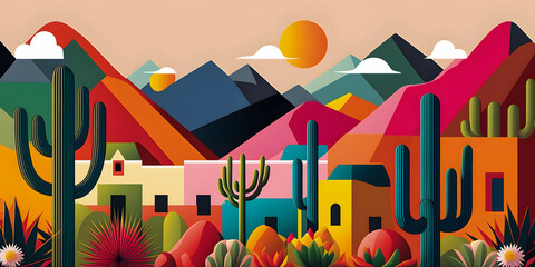 Mexico landscape, flat design illustration, mexican summer, Generative AI