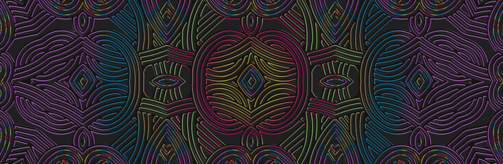 Banner, fantasy cover design. Embossed geometric 3d pattern on a black background. Boho, handmade creative themes, ethnic traditions, motives of the East, Asia, India, Mexico, Aztecs, Peru.