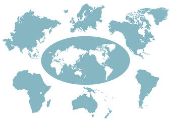 世界地図（日本中心）のイラスト: バラバラに分かれた六大州