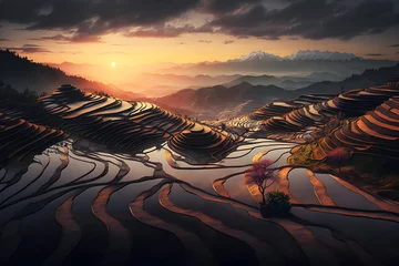 Foto auf Alu-Dibond Beautiful landscape of a rice or paddy terrace field. Created with generative AI technology © HEMINXYLAN